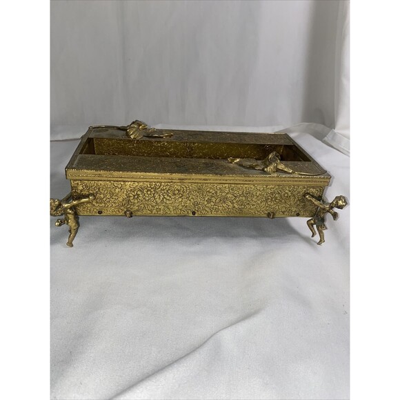 Vintage Gold Metal Brass floral Filigree cherub Angel Regency Tissue Box Holder - Picture 6 of 16